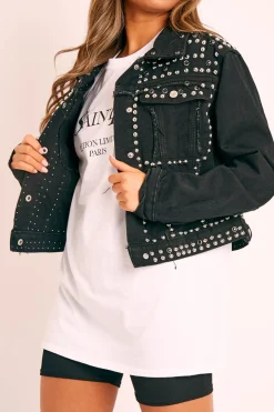 Rebellious Fashion Black Silver Stud Detail Denim Jacket - Cherry