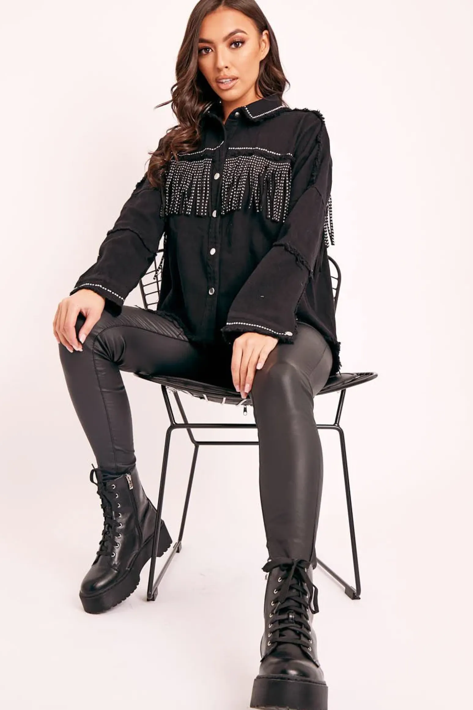 Rebellious Fashion Black Silver Stud Western Style Shirt - Idelle