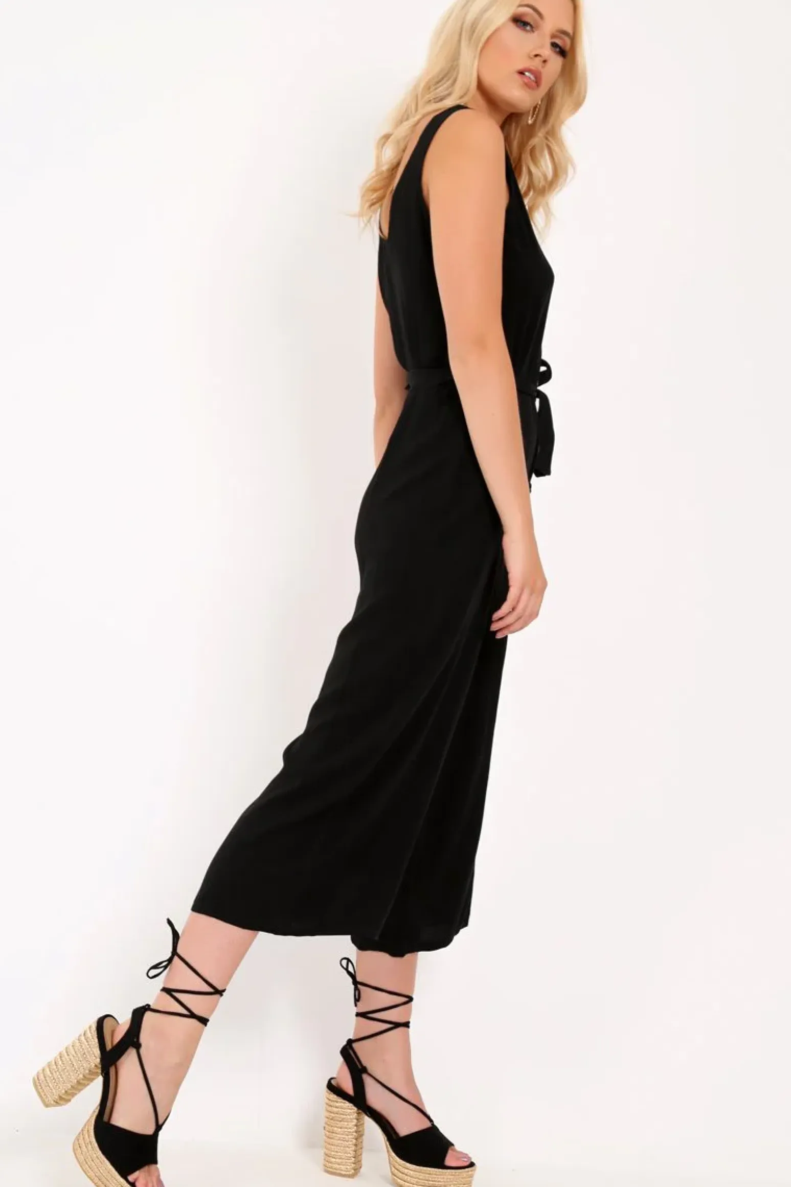 Rebellious Fashion Black Sleeveless Button Down Culotte Jumpsuit - Kalanni