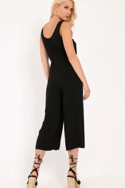 Rebellious Fashion Black Sleeveless Button Down Culotte Jumpsuit - Kalanni