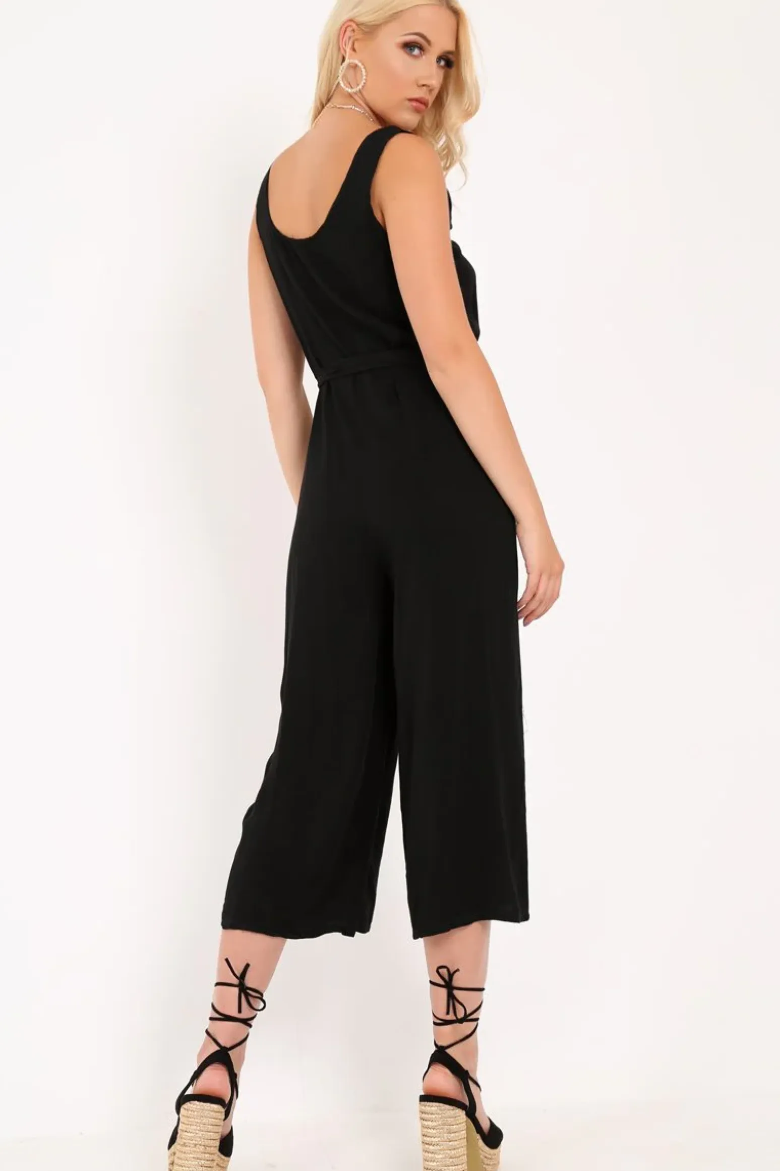 Rebellious Fashion Black Sleeveless Button Down Culotte Jumpsuit - Kalanni