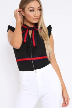 Rebellious Fashion Black Sleeveless Frill Stripe Bodysuit - Laili