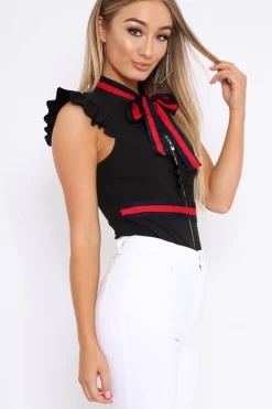 Rebellious Fashion Black Sleeveless Frill Stripe Bodysuit - Laili