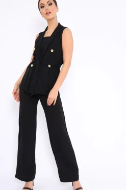 Rebellious Fashion Black Sleeveless Tie Waist Blazer - Tonia