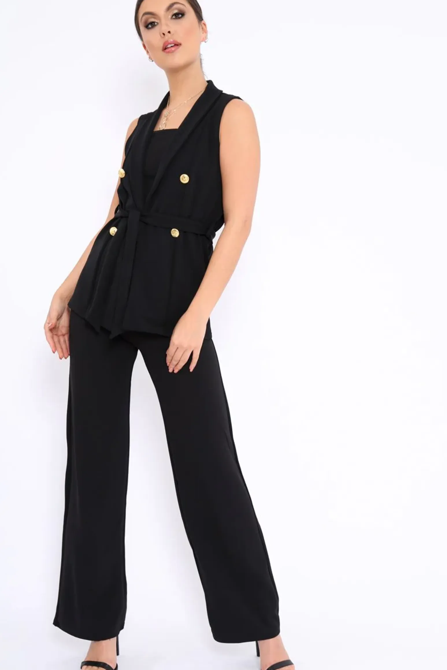 Rebellious Fashion Black Sleeveless Tie Waist Blazer - Tonia