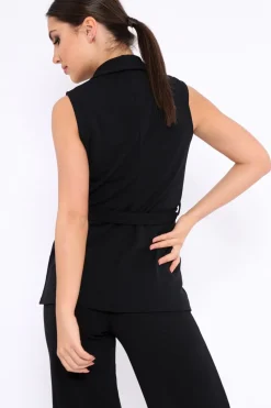 Rebellious Fashion Black Sleeveless Tie Waist Blazer - Tonia