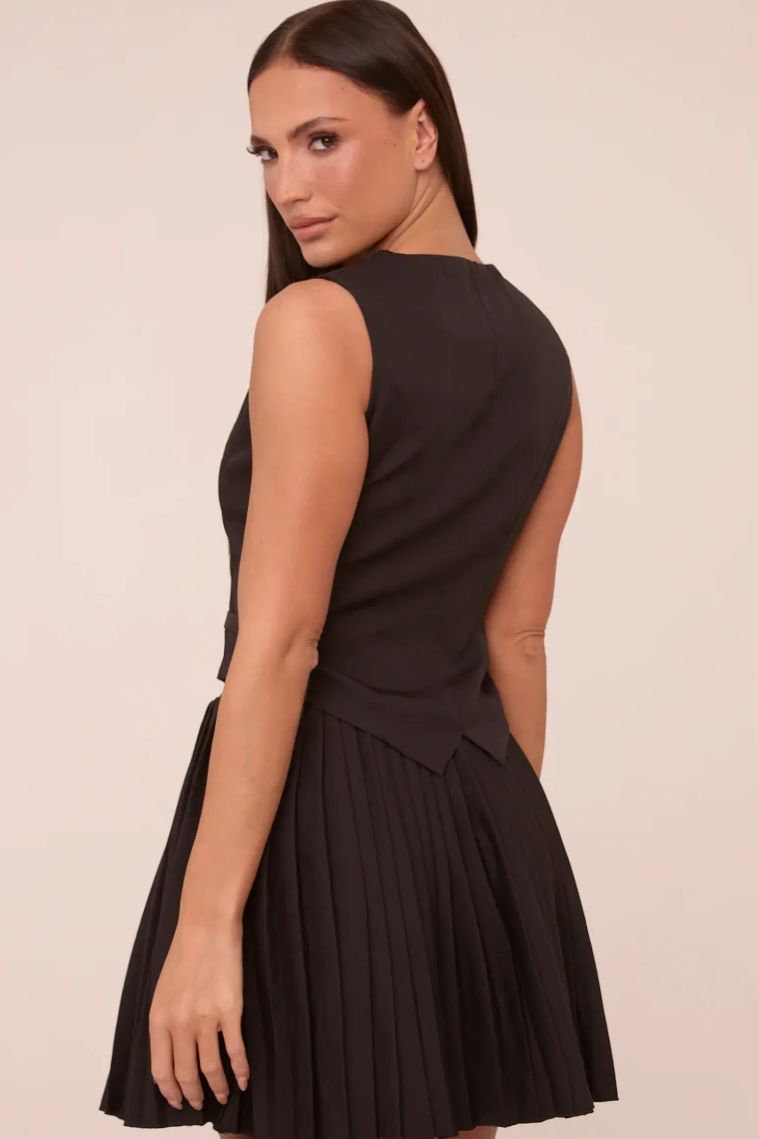 Rebellious Fashion Black Sleeveless Waistcoat & Pleated Mini Skirt Co-ord Set - Monica