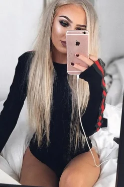Rebellious Fashion Black Sleeve Stripe Bodysuit - Evah