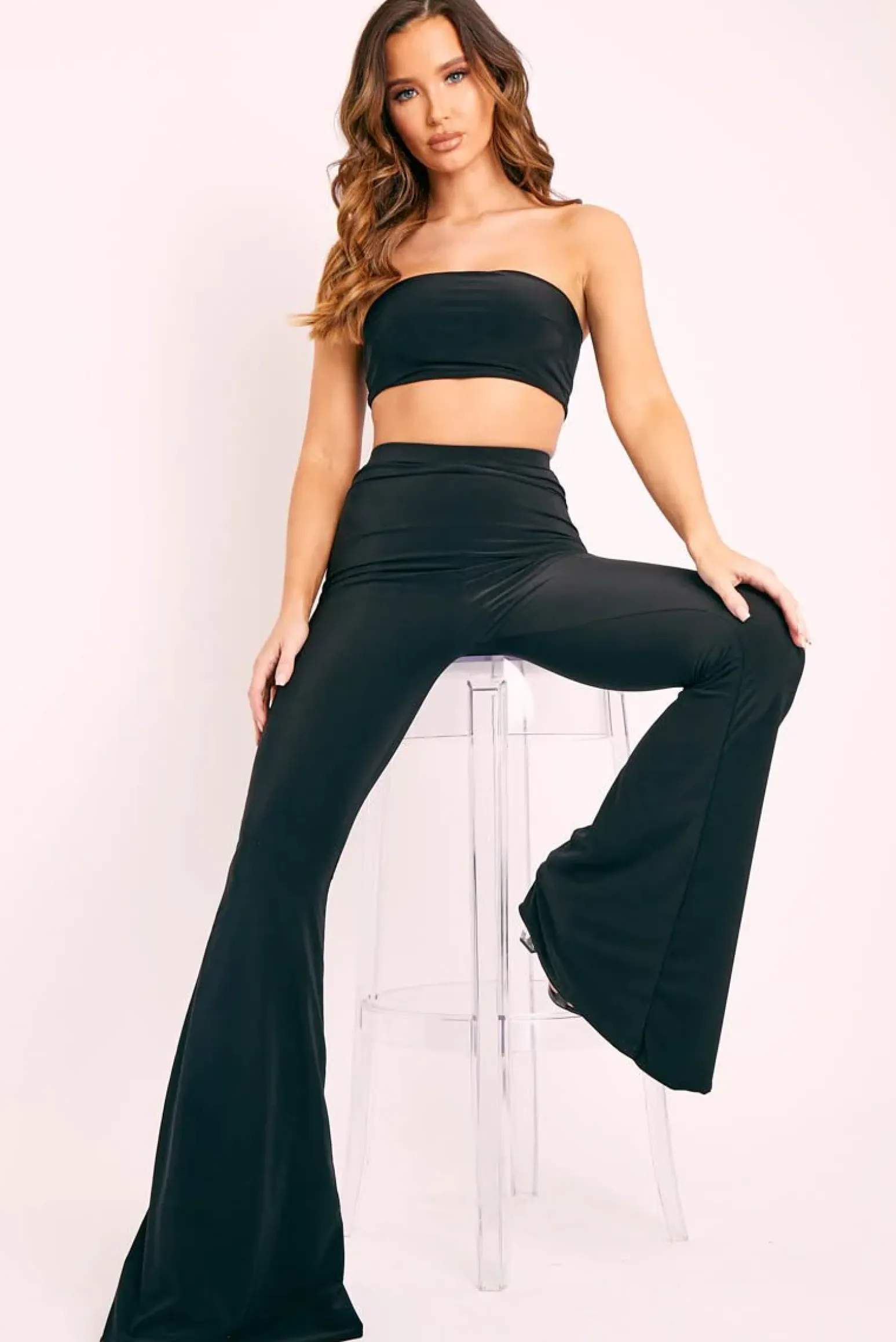Rebellious Fashion Black Slinky Bandeau Flared Trouser Co-ord - Isola