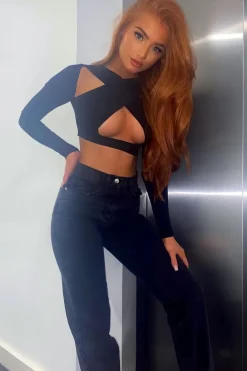 Rebellious Fashion Black Slinky Cross Front Long Sleeve Crop Top - Tahlia