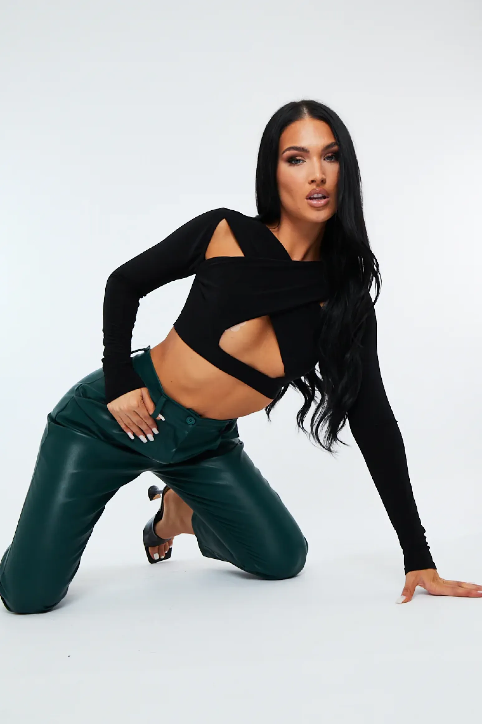 Rebellious Fashion Black Slinky Cross Front Long Sleeve Crop Top - Tahlia