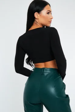 Rebellious Fashion Black Slinky Cross Front Long Sleeve Crop Top - Tahlia