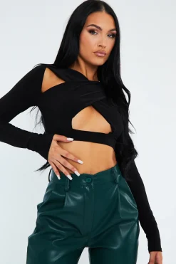 Rebellious Fashion Black Slinky Cross Front Long Sleeve Crop Top - Tahlia