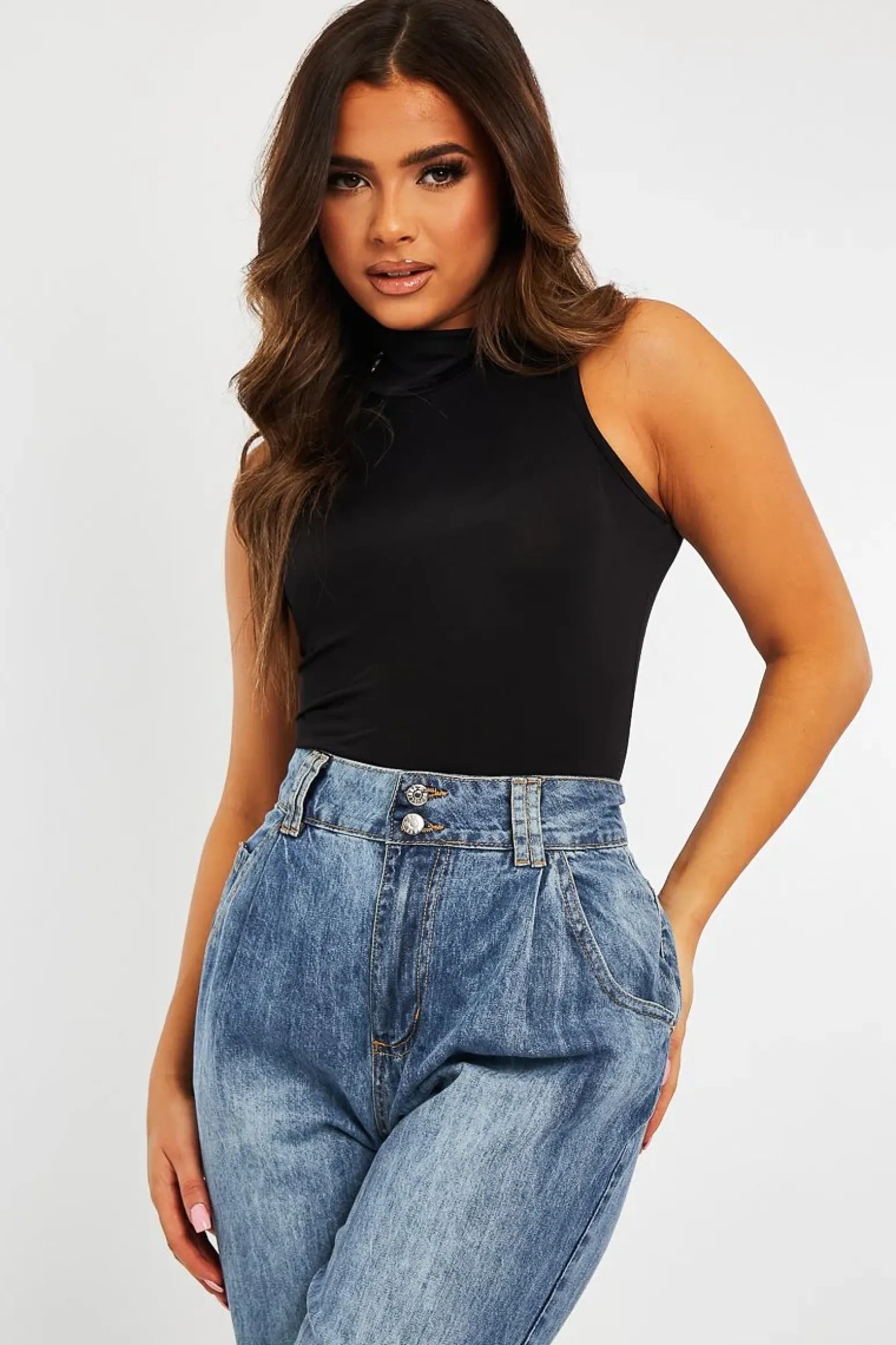 Rebellious Fashion Black Slinky Fabric High Neck Bodysuit - Daniella