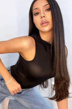 Rebellious Fashion Black Slinky Fabric High Neck Bodysuit - Daniella