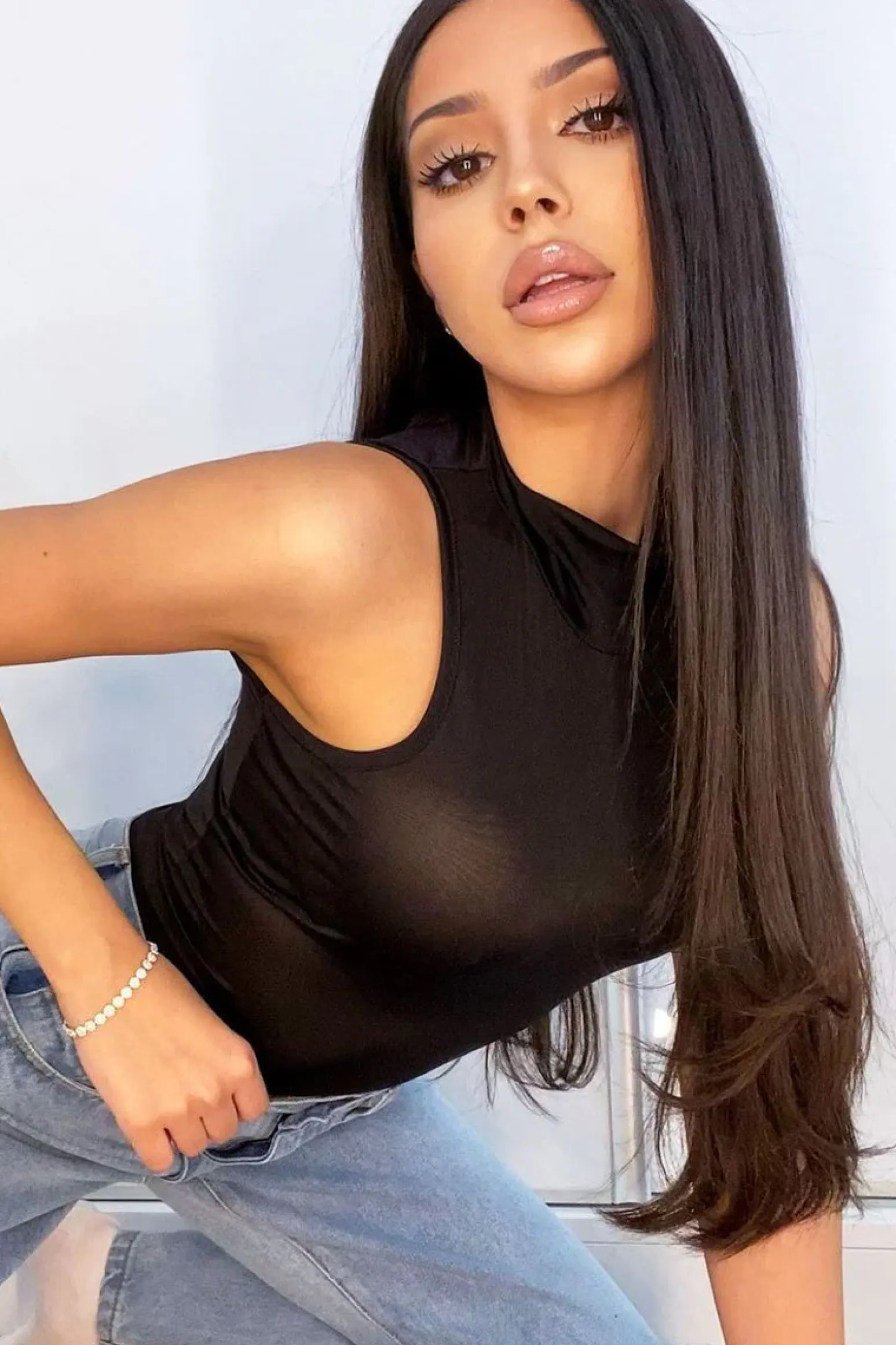 Rebellious Fashion Black Slinky Fabric High Neck Bodysuit - Daniella