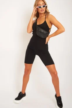 Rebellious Fashion Black Slinky Halter Neck Unitard Playsuit - Dalia