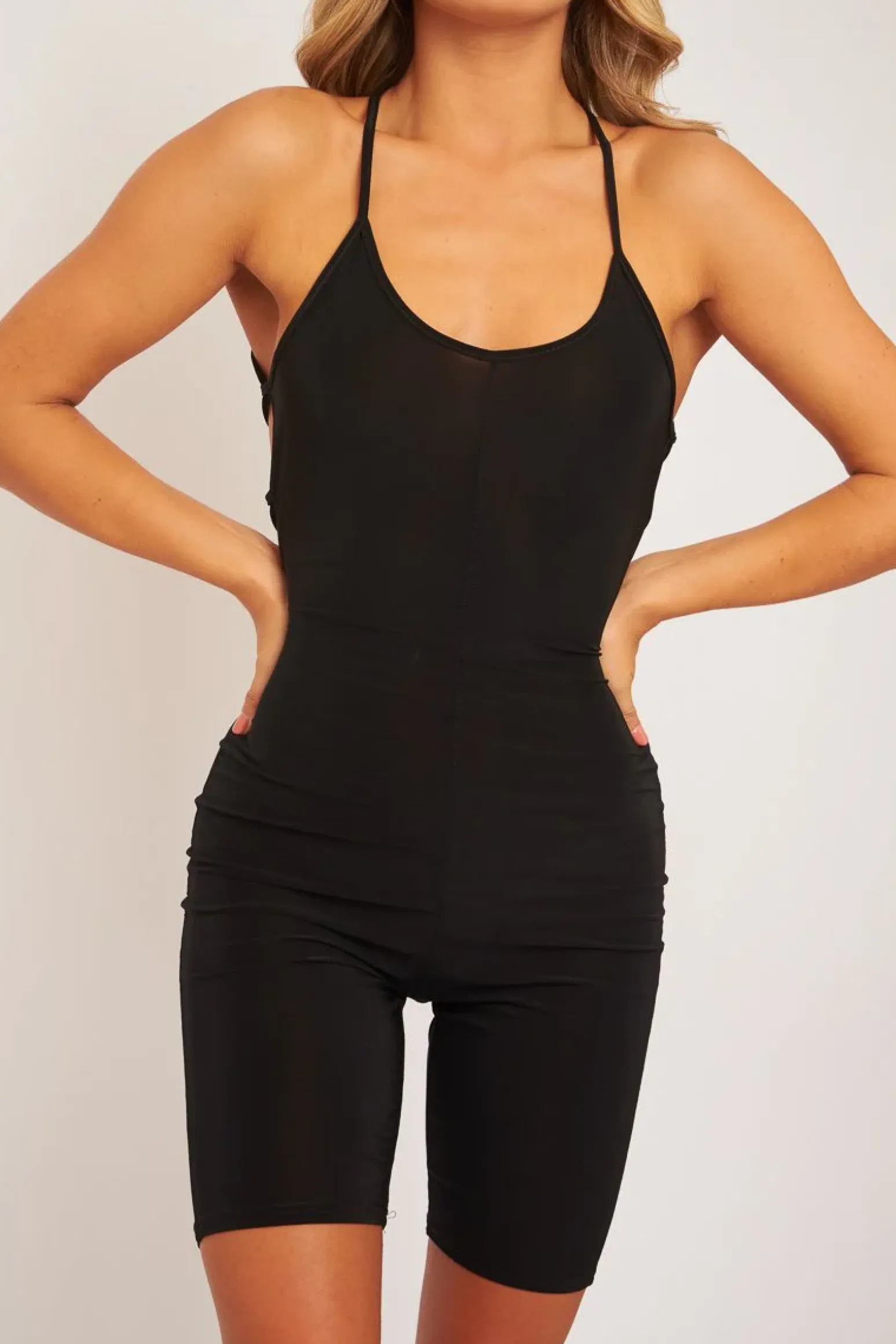 Rebellious Fashion Black Slinky Halter Neck Unitard Playsuit - Dalia