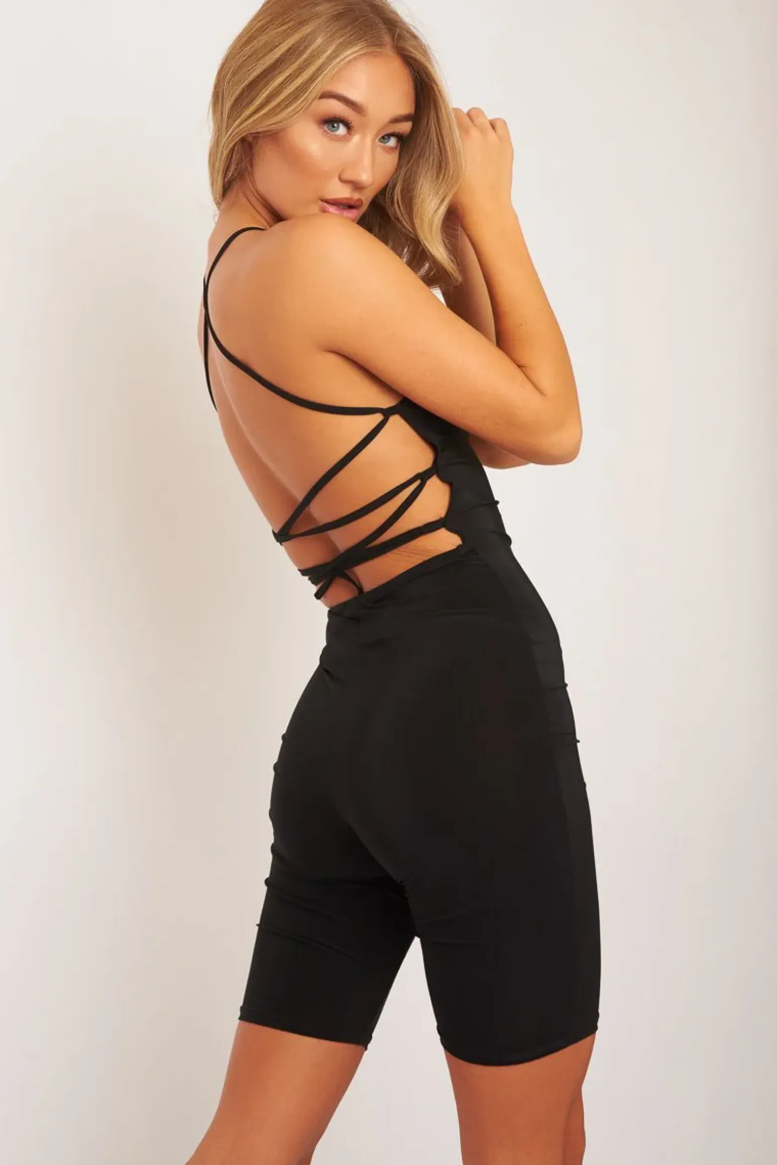 Rebellious Fashion Black Slinky Halter Neck Unitard Playsuit - Dalia