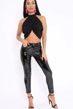 Rebellious Fashion Black Slinky Halterneck Wrap Top - Giovanna