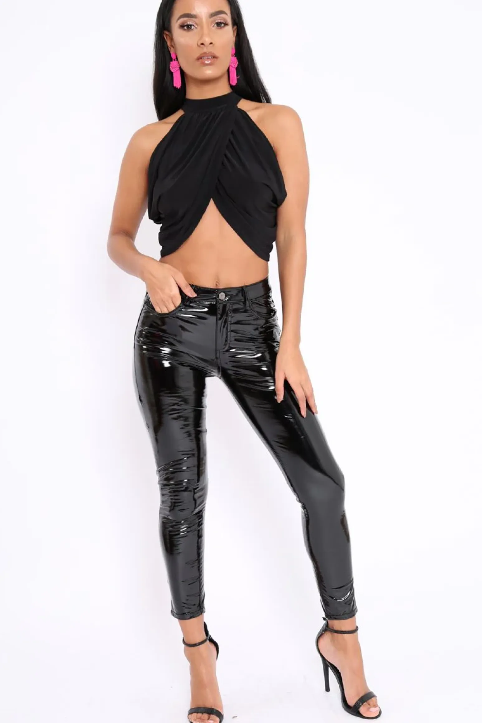 Rebellious Fashion Black Slinky Halterneck Wrap Top - Giovanna