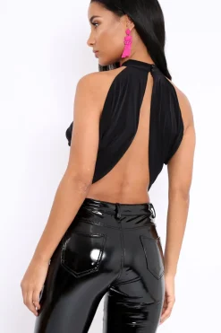 Rebellious Fashion Black Slinky Halterneck Wrap Top - Giovanna