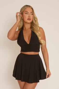 Rebellious Fashion Black Slinky Halter Top and Mini Skirt Co-Ord - Chiara