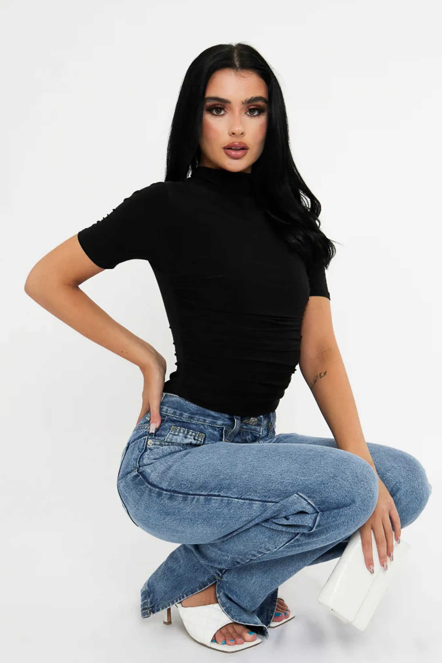 Rebellious Fashion Black Slinky High Neck Ruched Side Bodysuit - Avea