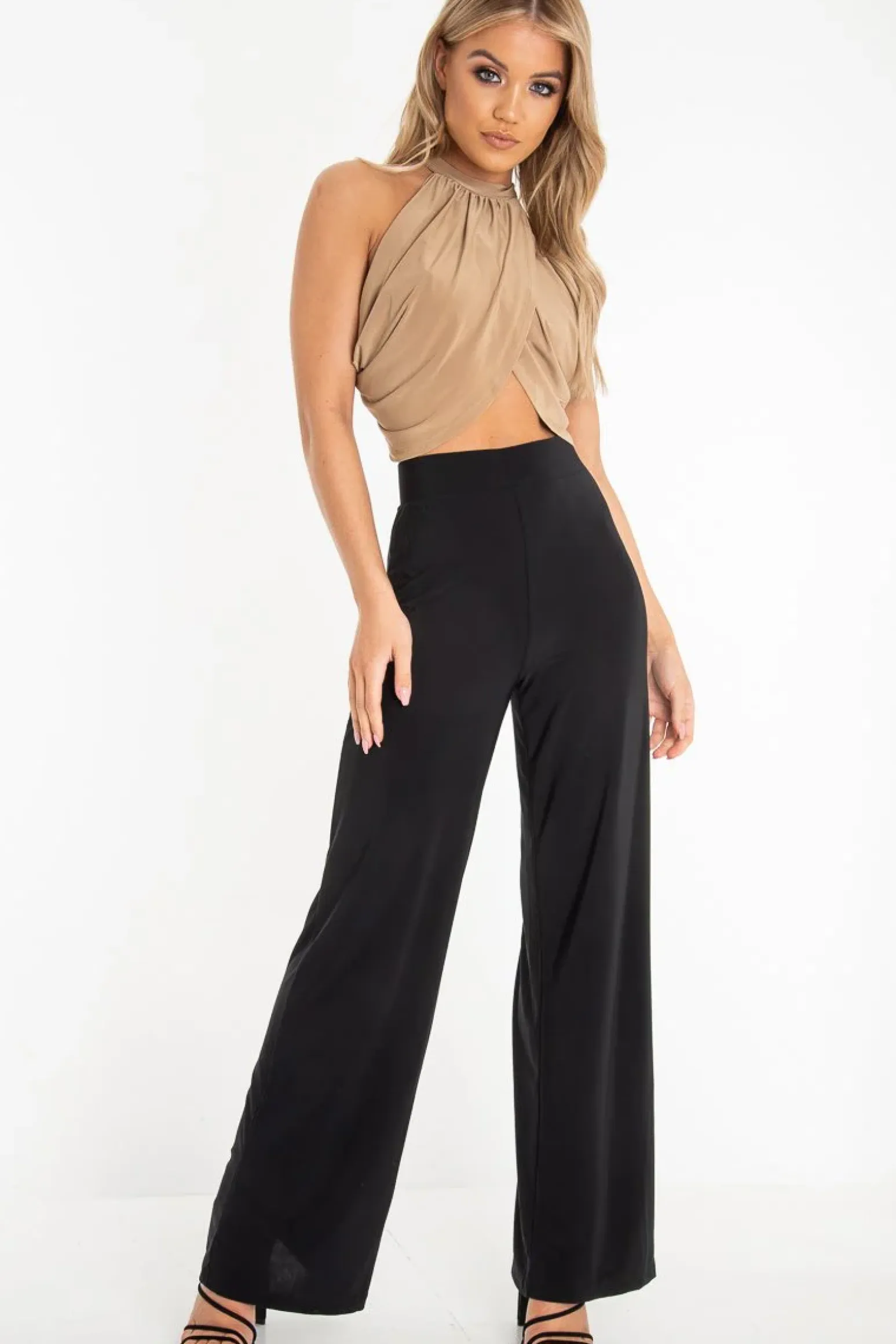 Rebellious Fashion Black Slinky High Waist Wide Leg Trousers - Traci