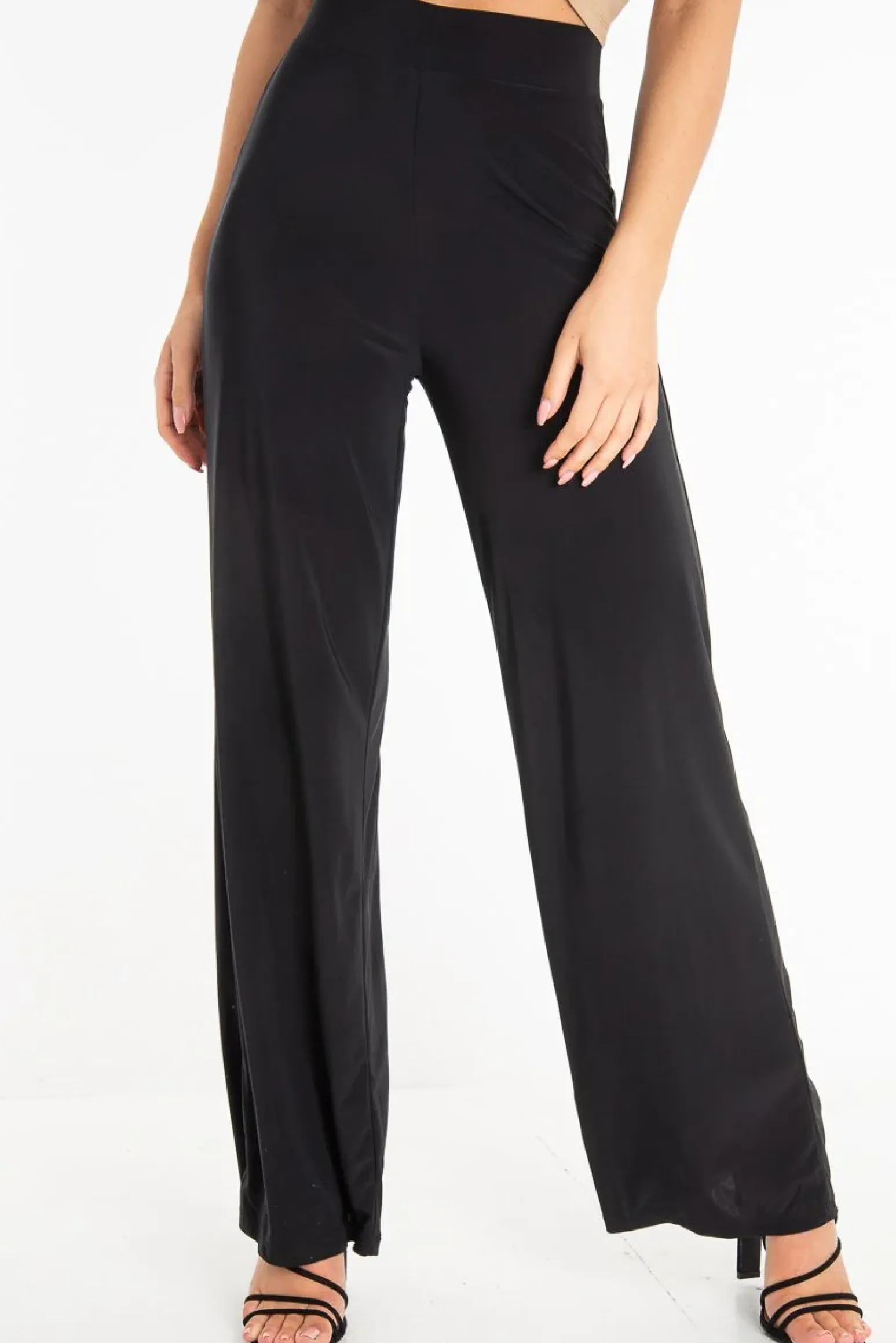 Rebellious Fashion Black Slinky High Waist Wide Leg Trousers - Traci
