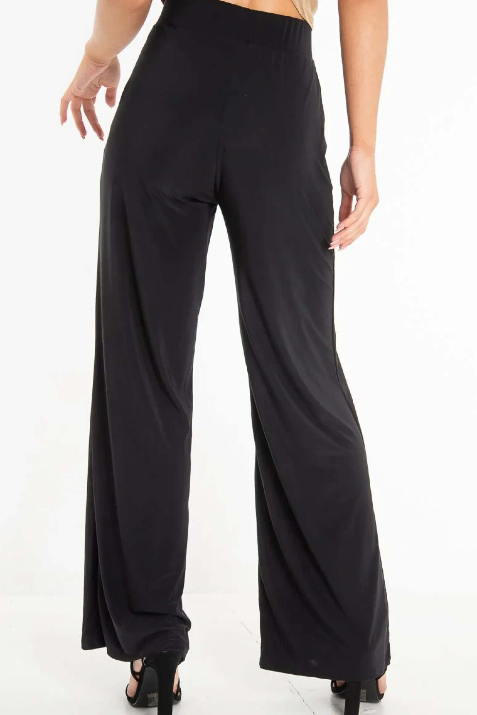 Rebellious Fashion Black Slinky High Waist Wide Leg Trousers - Traci