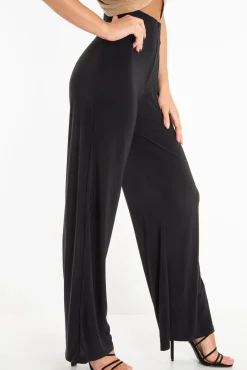 Rebellious Fashion Black Slinky High Waist Wide Leg Trousers - Traci
