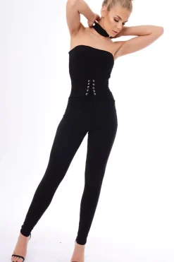 Rebellious Fashion Black Slinky Lace Up Corset Choker Jumpsuit - Daisey
