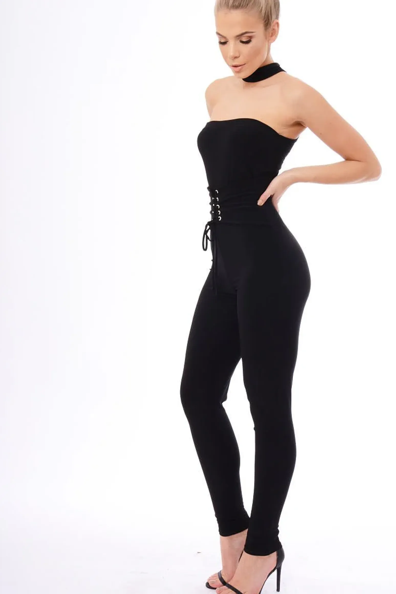 Rebellious Fashion Black Slinky Lace Up Corset Choker Jumpsuit - Daisey