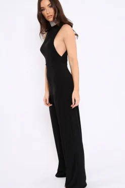 Rebellious Fashion Black Slinky Low Side Jumpsuit - Ivannah