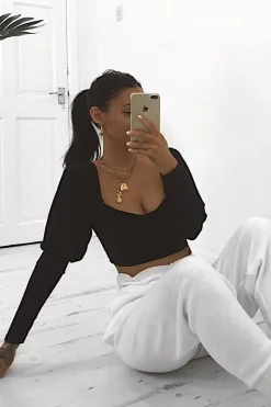 Rebellious Fashion Black Slinky Off Shoulder Crop Top - Danni