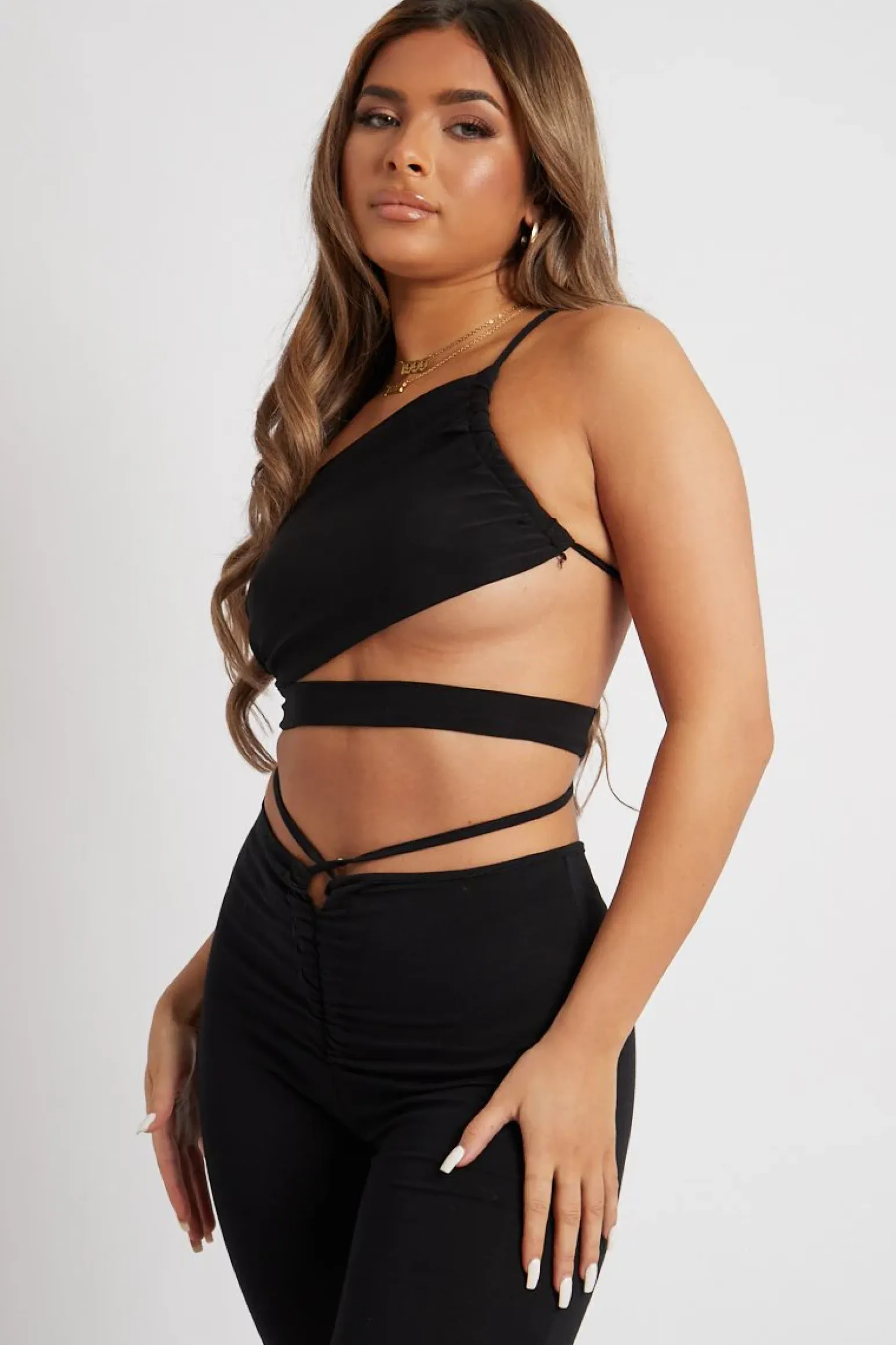 Rebellious Fashion Black Slinky One Shoulder Cut Out Crop Top - Aaliyah