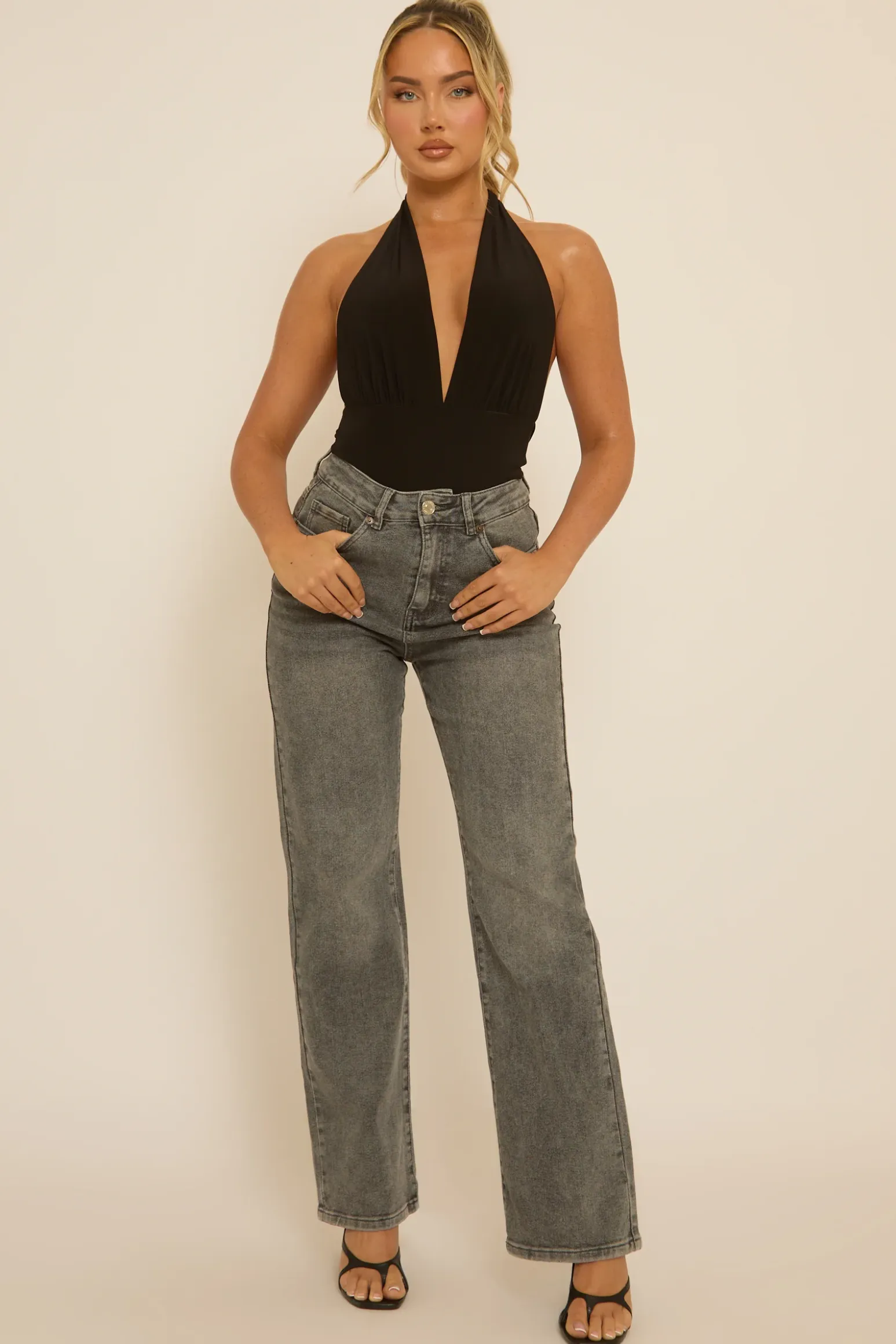 Rebellious Fashion Black Slinky Plunge Bodysuit - Akari
