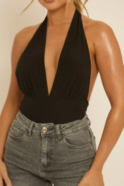 Rebellious Fashion Black Slinky Plunge Bodysuit - Akari