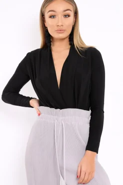 Rebellious Fashion Black Slinky Plunge Front Bodysuit - Connie