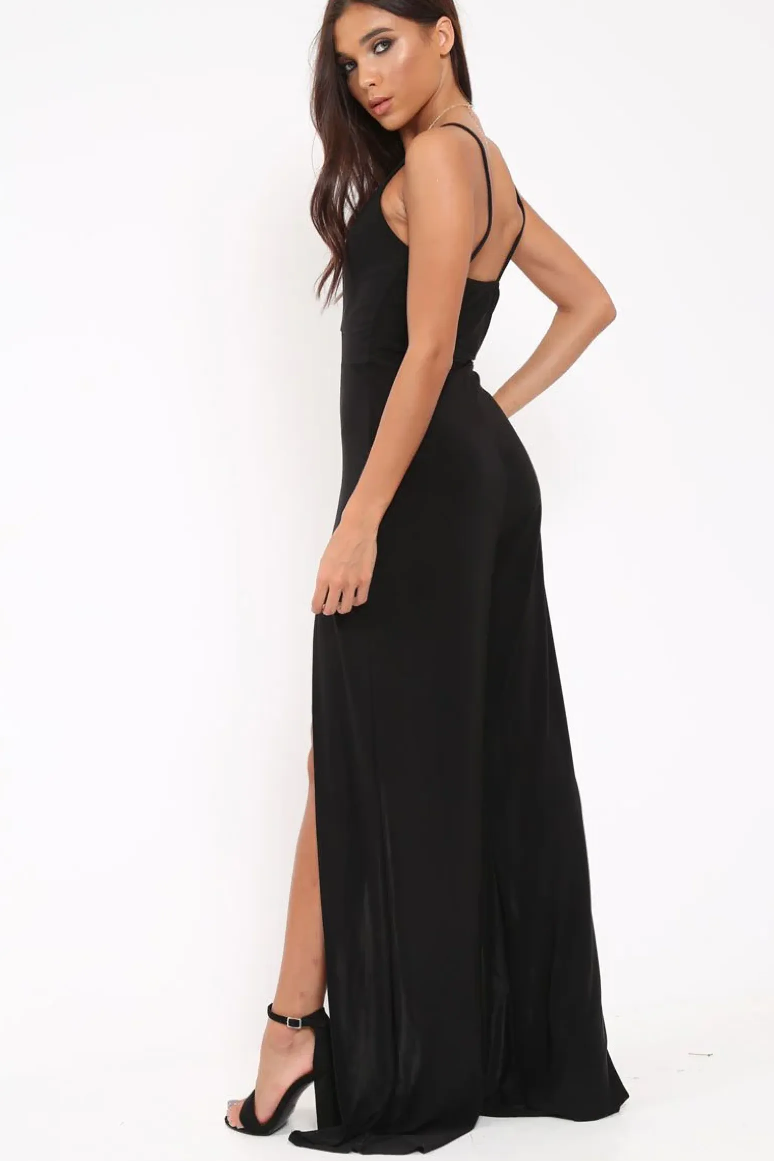 Rebellious Fashion Black Slinky Plunge Front split leg Jumpsuit - Rutha