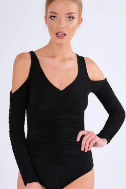 Rebellious Fashion Black Slinky Ruched Cold Shoulder Bodysuit - Jayden