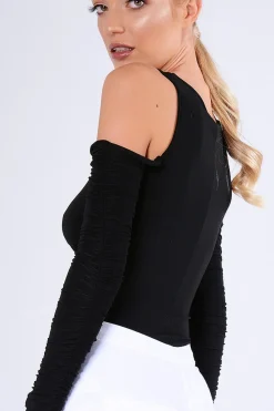 Rebellious Fashion Black Slinky Ruched Cold Shoulder Bodysuit - Jayden