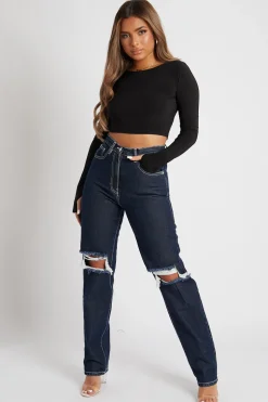 Rebellious Fashion Black Slinky Thumb Hole Long Sleeve Crop Top - Kacci