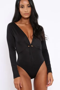Rebellious Fashion Black Slinky Twist Front Bodysuit - Gretchen