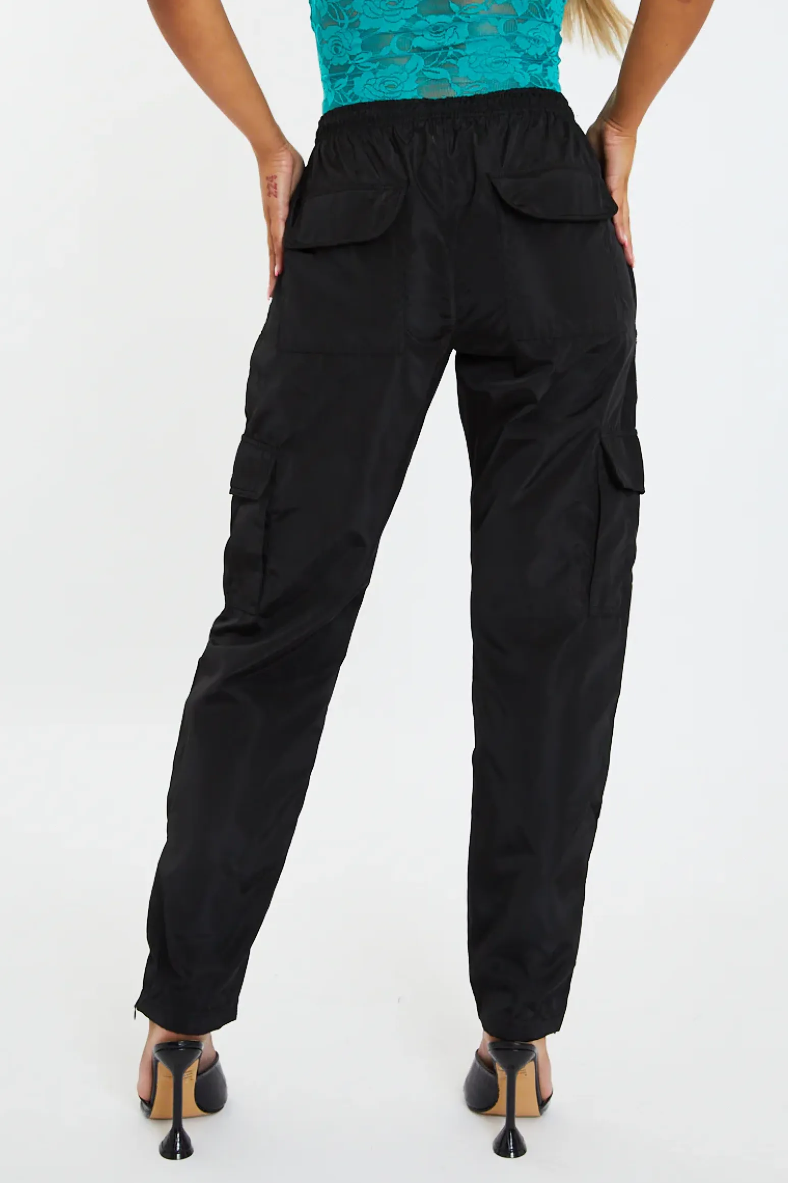 Rebellious Fashion Black Slit Hem Shell Cargo Joggers - Kasey