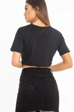 Rebellious Fashion Black Slogan Printed Crop Top - Daryn