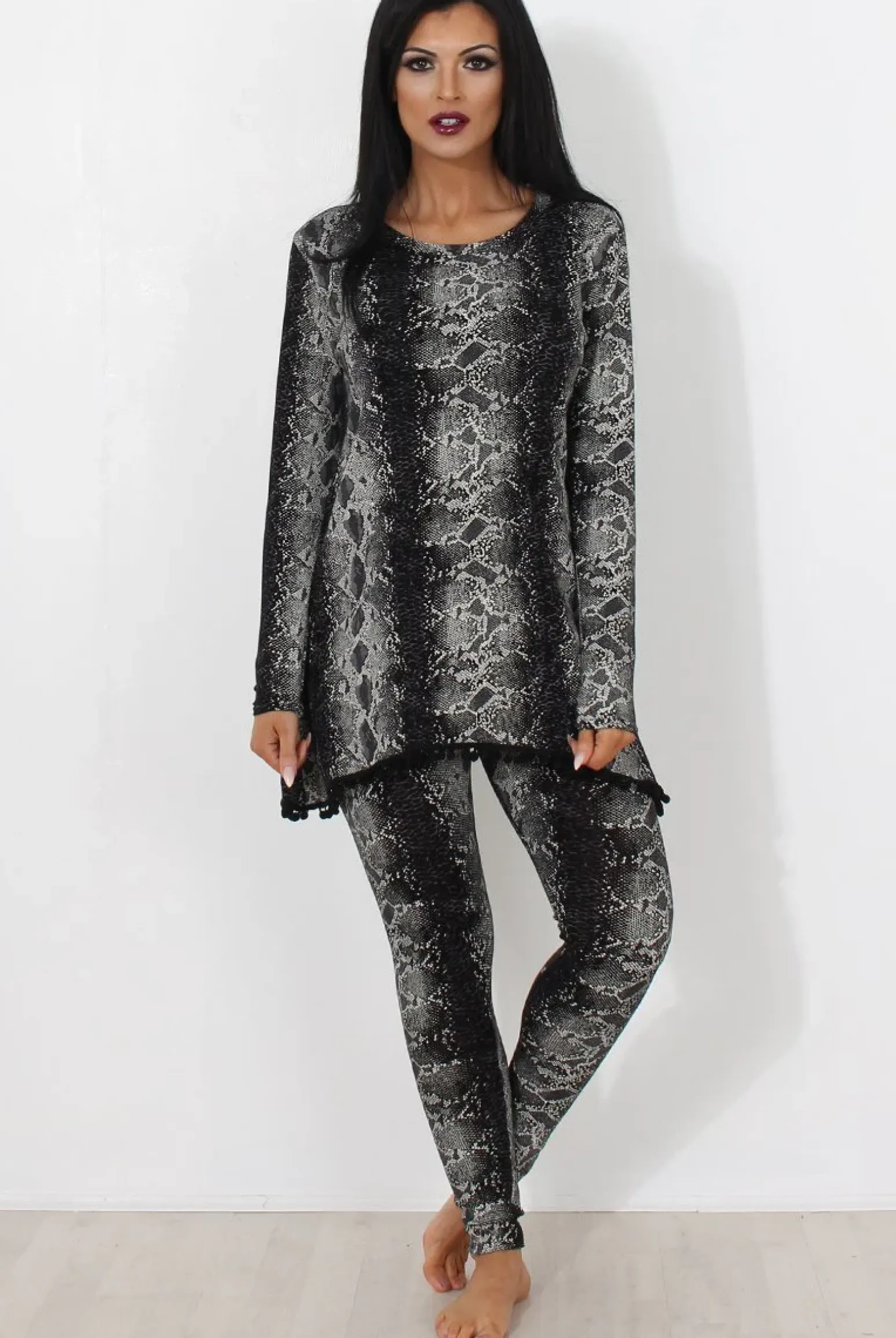 Rebellious Fashion Black Snakeskin Loungewear Set-Claudia