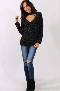 Rebellious Fashion Black Sparkle Knitted Cut Out Front Jumper - Meri