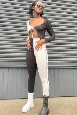 Rebellious Fashion Black Splice Contrast Stitch Tie Front Crop Top + Leggings - Ryia